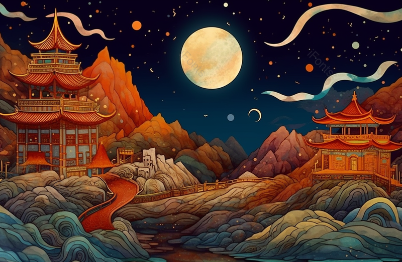 祥云流云满月蓝色星空夜晚山川古代建筑国风写意插画,插画/手绘图,插画/手绘图库,插画/手绘图下载,插画/手绘